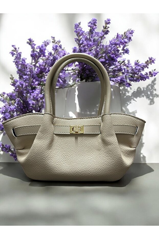 Cream Hand and Shoulder Bag with Magnet Locking Adjustable Long Strap with Front Lock Detail
