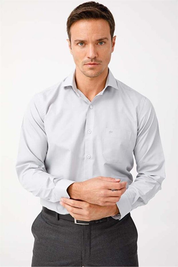 Erkek A.gri Regularfıt / Rahat Kalıp Easy Iron ( Kolay Ütü ) Basıc Gömlek - 5