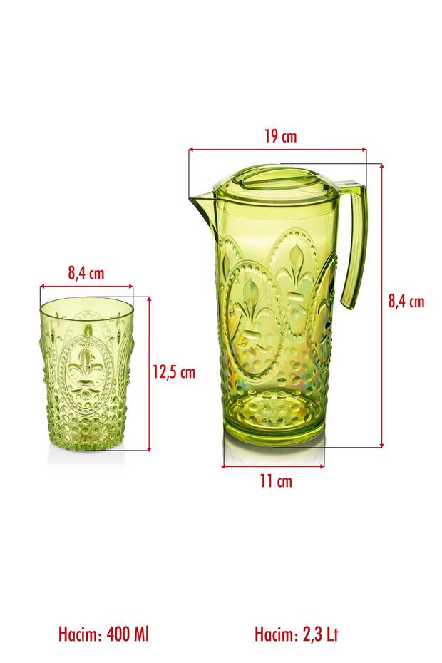 Akrilik Yeşil Sürahi 2,3 lt Ve 6'lı & Su Meşrubat Kahve Yanı Bardağı 400 ml Seti ( Cam Değildir ) - 5