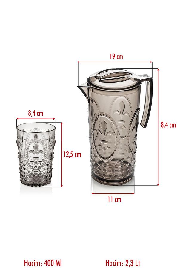 Akrilik Füme Sürahi 2,3 lt Ve 6'lı & Su Meşrubat Kahve Yanı Bardağı 400 ml Seti ( Cam Değildir ) - 5