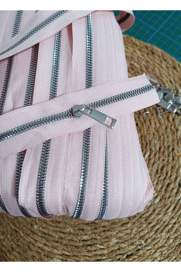 Powder Pink Color T6 Silver Teeth Bone Zipper Silver Color Headings - 10 Meter Zipper--10Pcs Headings