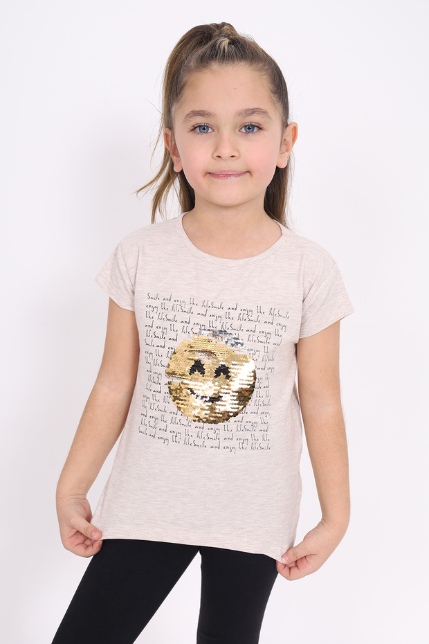 Girl's Smiling Face Sequin Embroidery T-Shirt