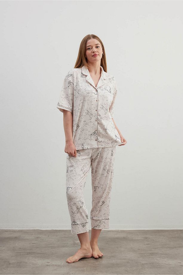 Kadın Plus Size Pamuklu Gömlek Midi Pijama Takımı - 5
