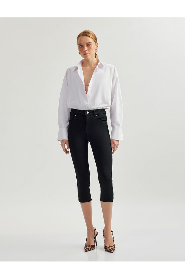 Yüksek Bel Pamuklu Kapri Denim Şort - Tight Fit - 2