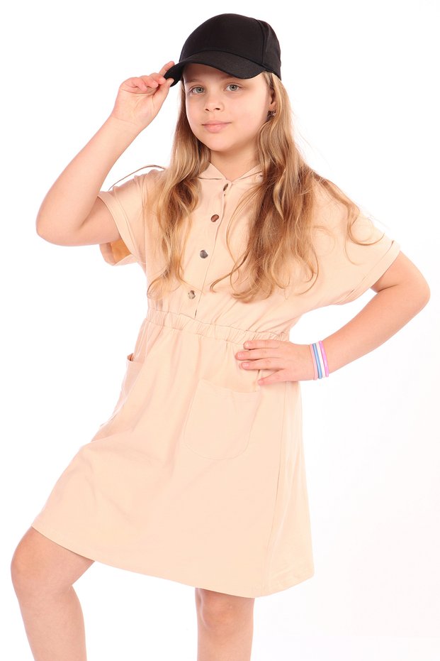 Girls' Elastic Waist, Two Side Pockets, Snap Fastener Hooded Dress