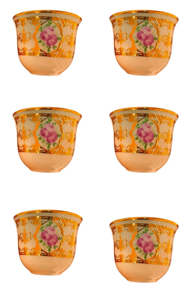 Porcelain Gawa Coffee Cup for 6 People with Rose Pattern, Mirra Cup, 6 Pieces of Coffee Cups Without Handles