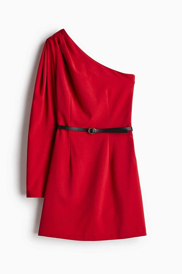 Belted one-shoulder dress