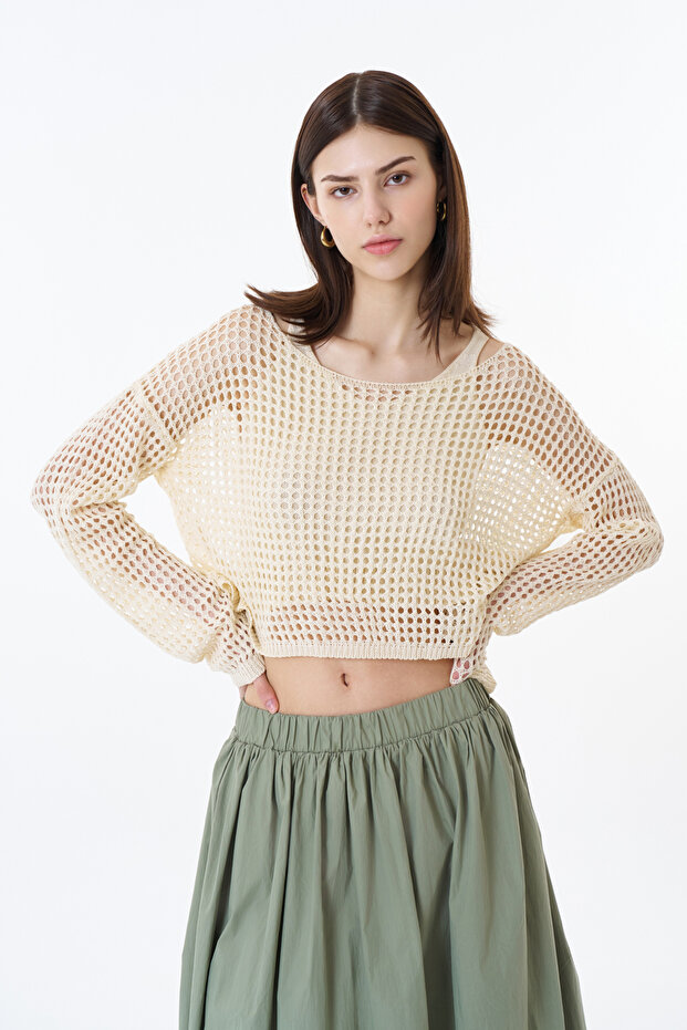 Ajurlu İkili Triko Ekru - 1