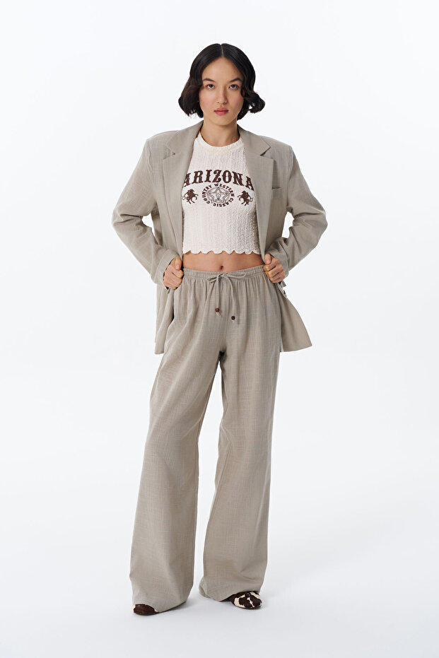 Lace Detailed Elastic Waist Loose Trousers Beige