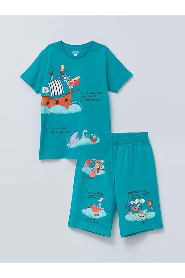 Bisiklet Yaka Baskılı Kısa Kollu Erkek Çocuk Şortlu Pijama Takımı (S2) - 2