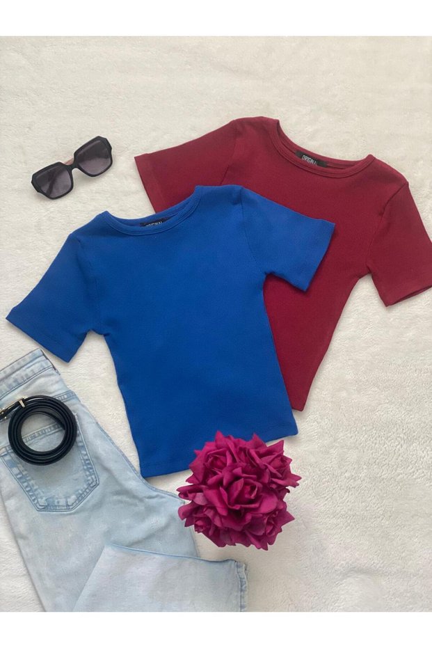 Women's 2-Piece Corded Cotton Crew Neck Knitted Camisole Crop T-Shirt