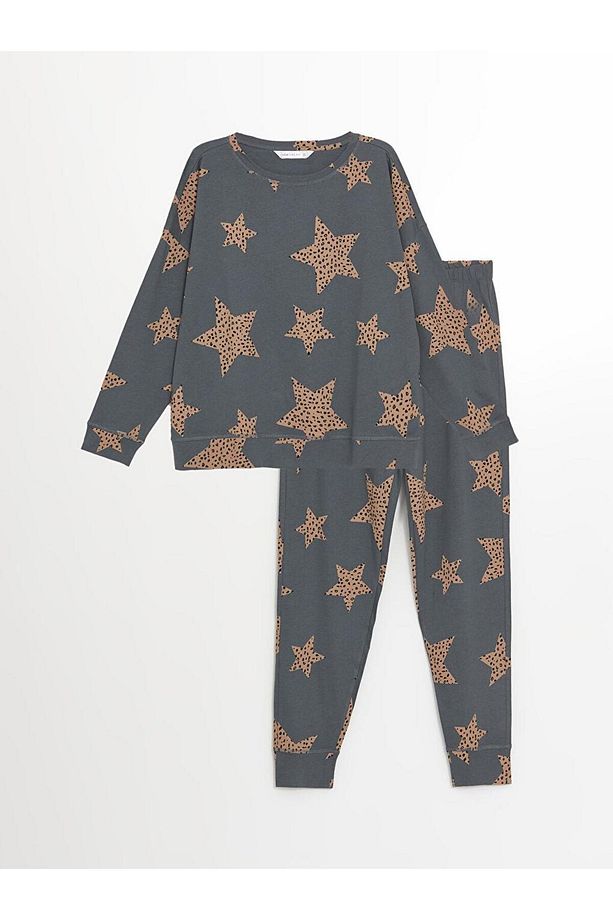 Bisiklet Yaka Desenli Uzun Kollu Kadın Pijama Takımı (W4) - 6