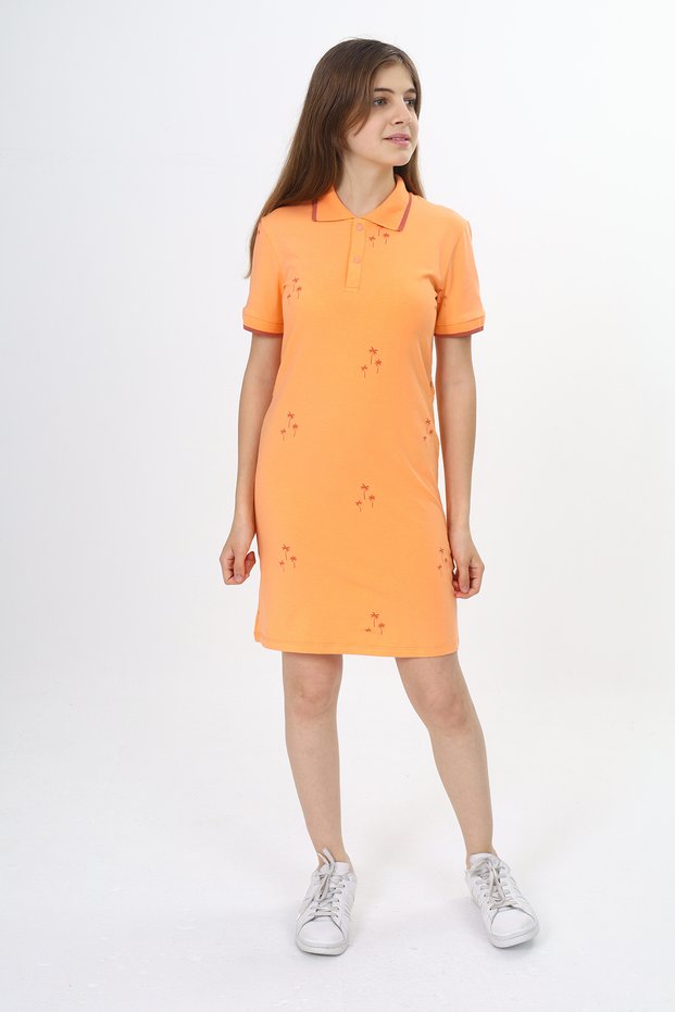 Girl's Polo Neck Garni Detailed Printed Dress