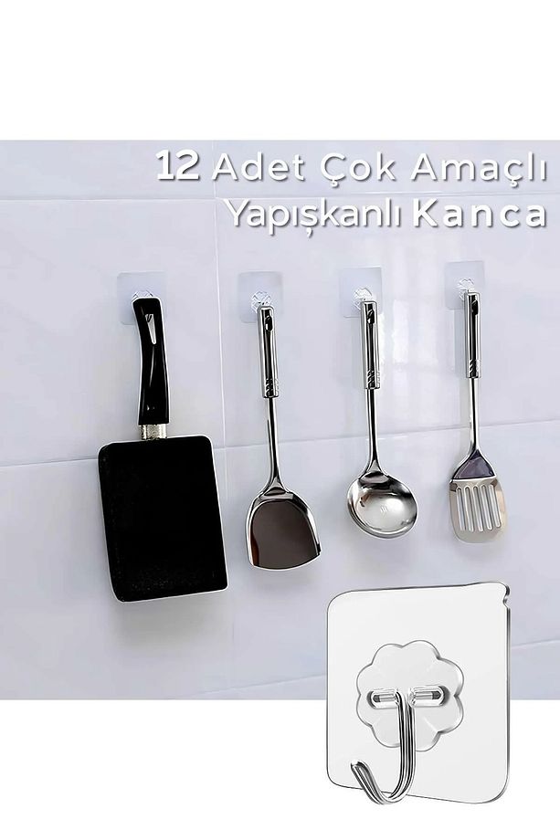 Pratik 12 Adet Güçlü Şeffaf Duvar Askısı Askılığı Yapışkan Kancalı Mutfak Banyo Askı - 1