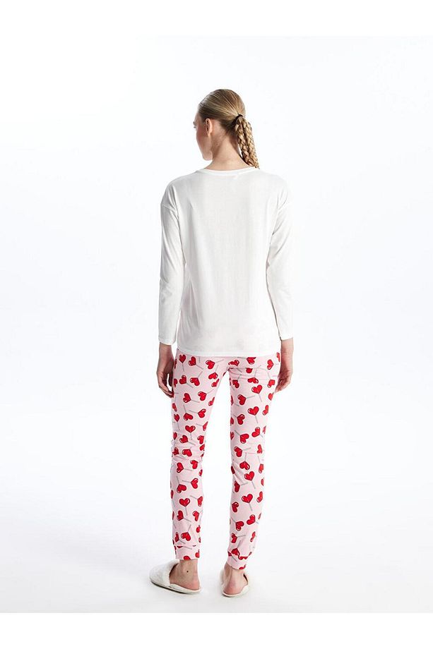 Bisiklet Yaka Baskılı Uzun Kollu Kadın Pijama Takımı (W3) - 5