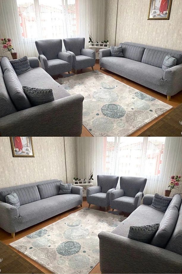 Jakarlı Düz Desen 3 3 1 1 Lastikli Koltuk Örtüsü Takımı Kanepe Çekyat Örtüsü Koltuk Kılıfı - 2