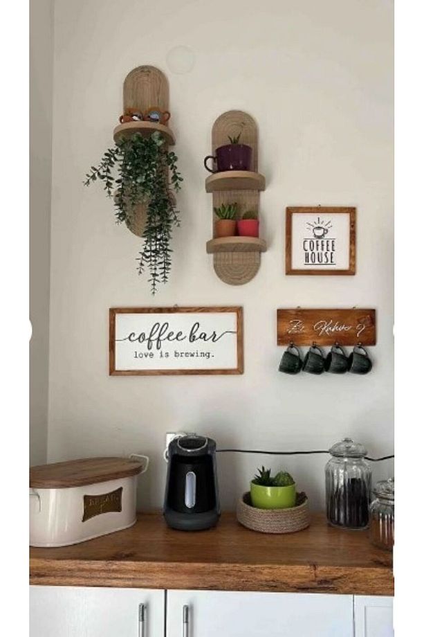 Coffee Bar Kahve Köşesi Fincan Askılıklı Duvar Dekor Ve Mutfakların Süsü, Ahşap Pano Set - 3