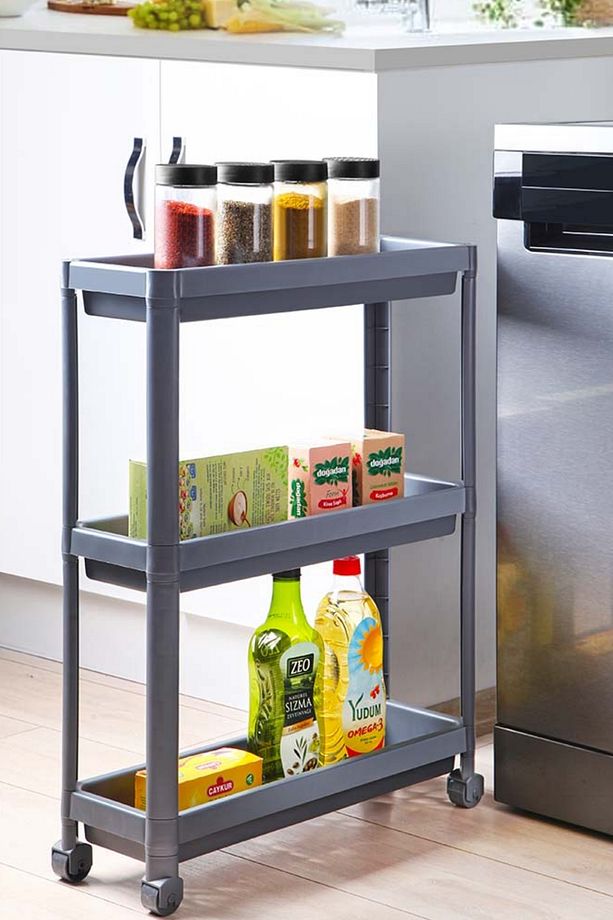 3 Katlı Tekerlekli Slim Raf Modüler Banyo Rafı, Mutfak Rafı - 1