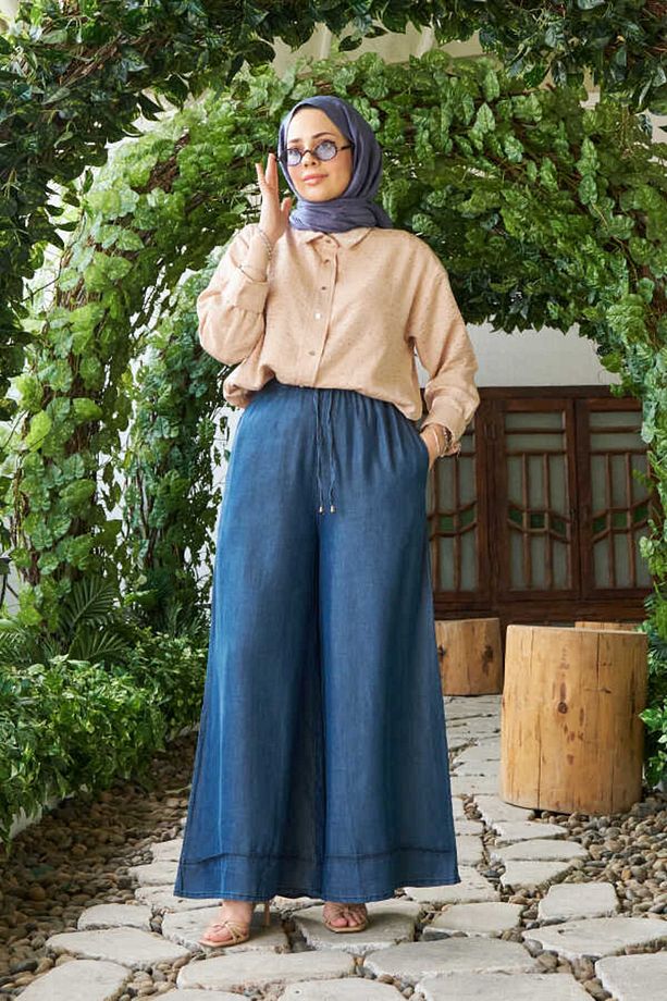 1138-denim Lastikli Bol Paça Pantolon Koyu Mavi - 1