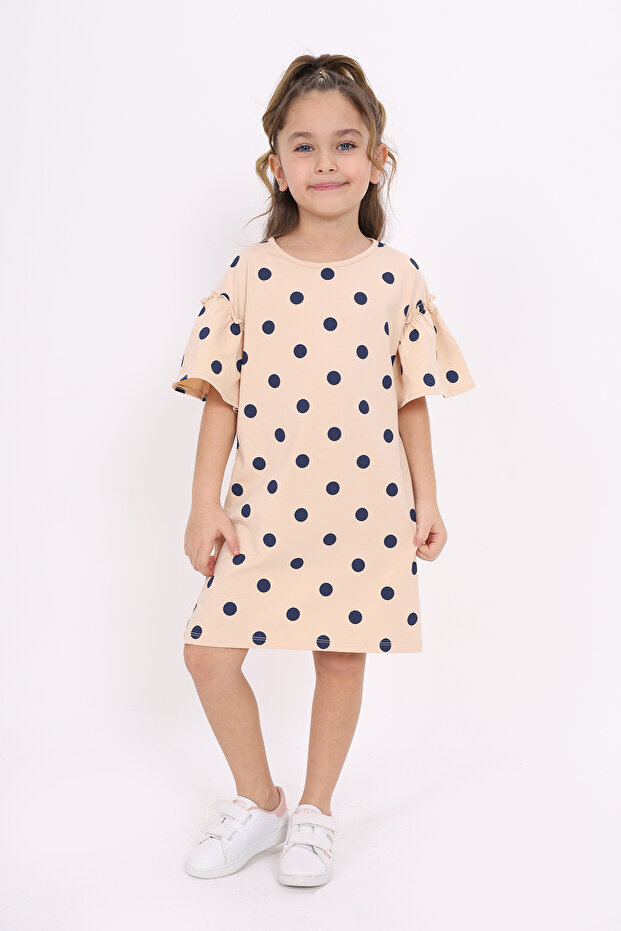 Girl's Ruffled Sleeve Full Polka Dot Printed Dress