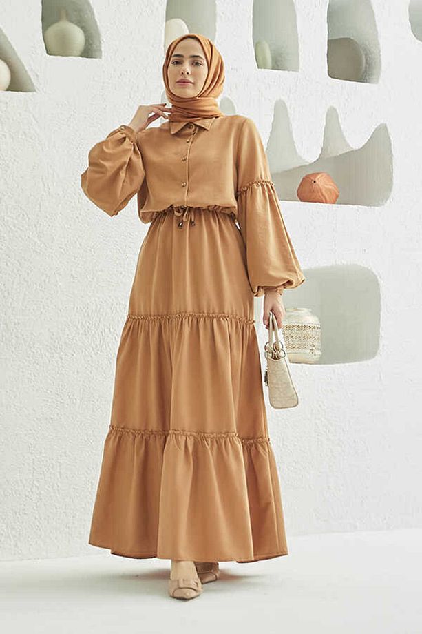 6567-Carla Büzgülü Elbise Camel - 1