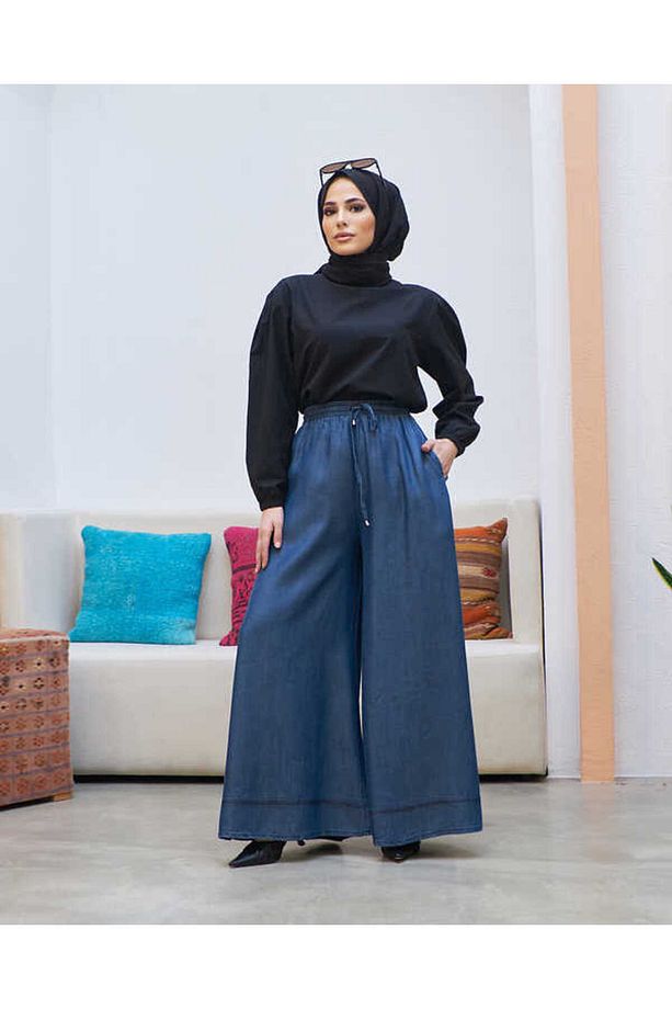 1138-denim Lastikli Bol Paça Pantolon Koyu Mavi - 8