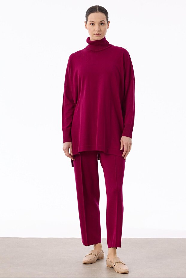 Balıkçı Yaka Oversize Basic Triko Tunik FUŞYA - 1