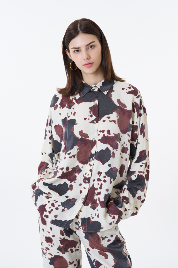 Leke Desenli Oversize Gömlek Ekru - 4