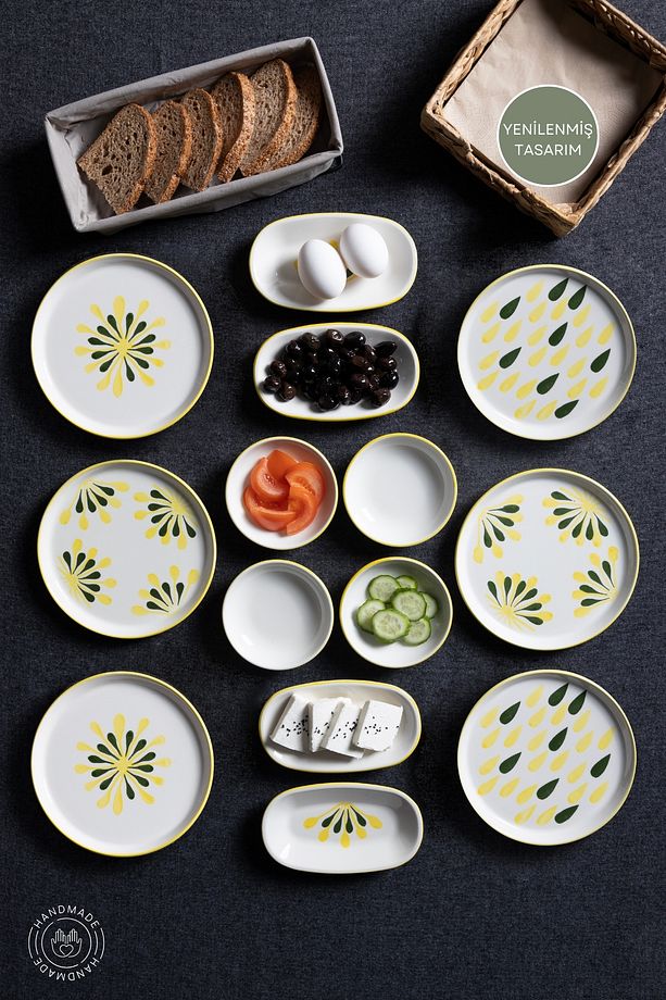 14 Parça 6 Kişilik Handmade Yeşil Nokta Kahvaltı Takımı - Lüx Kahvaltılık Sunum Seti - 1