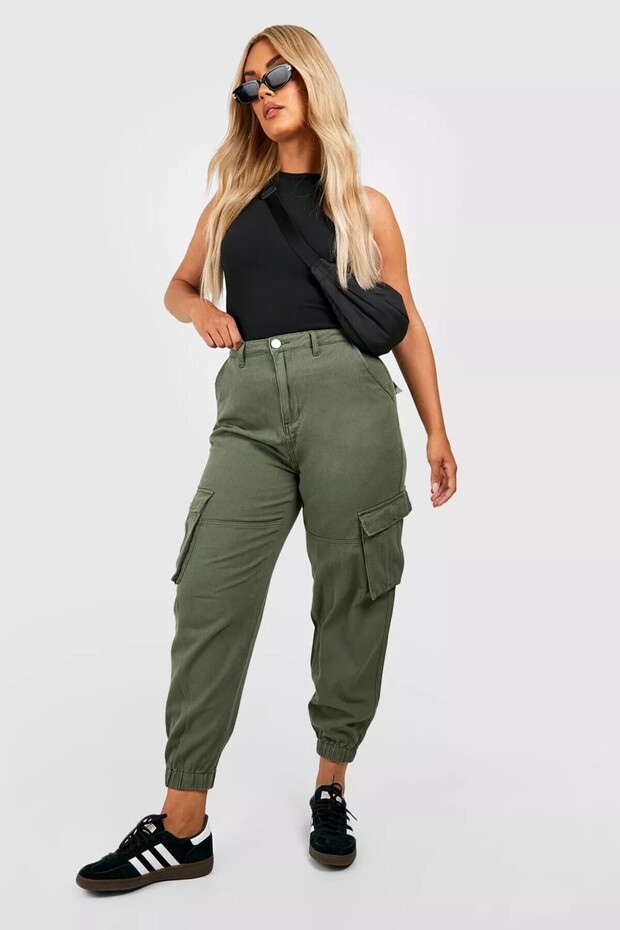 Women's Plus Size Khaki Gabardine Fabric Elastic Leg High Waist Cargo Pants 65N38740