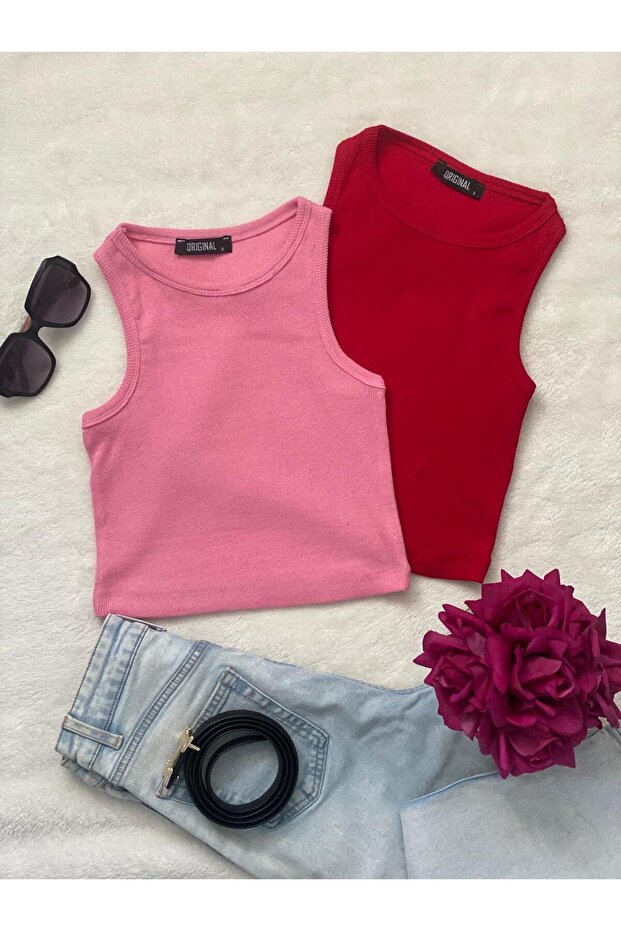 2-Piece Women's Halter Neck Ribbed Strap Zero Sleeve Crop Blouse