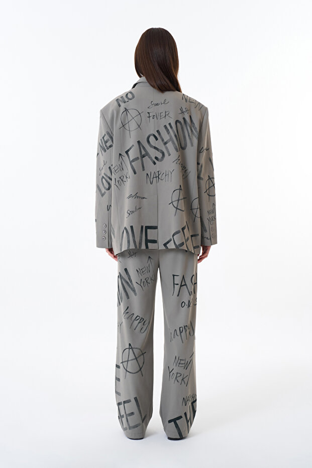 Light Khaki Blazer Jacket - Text Printed and Buttoned - 5