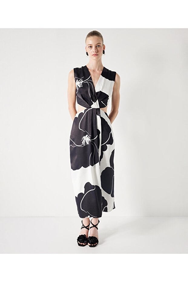 Desenli cutout elbise - 1