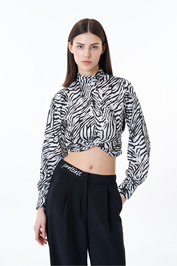 Stand Collar Zebra Pattern Blouse Black - 1