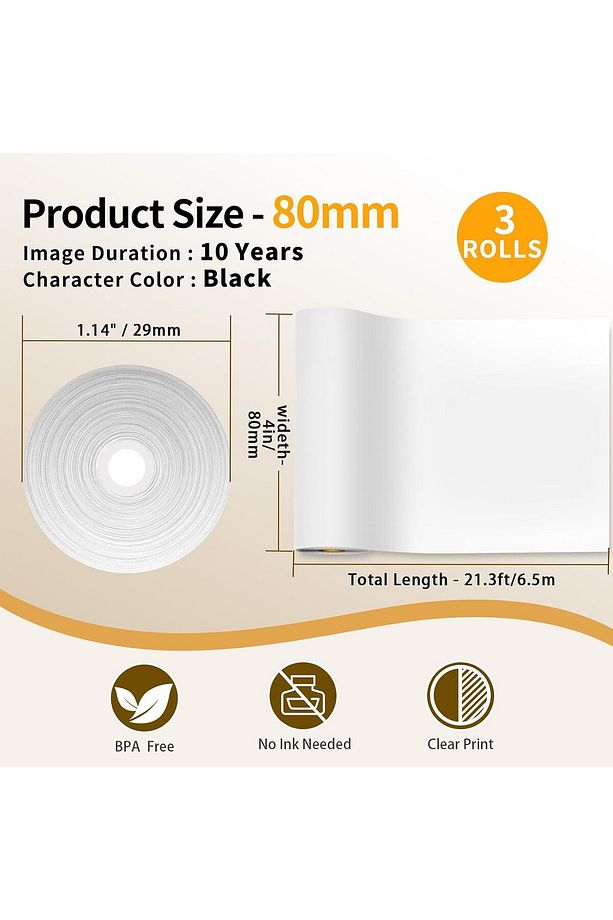 80mmx6,5mt Termal Kağıt, 3 Rulo 10 Yıl Dayanıklı M832/m04s Için Q22-rmsg10-80m8 - 3