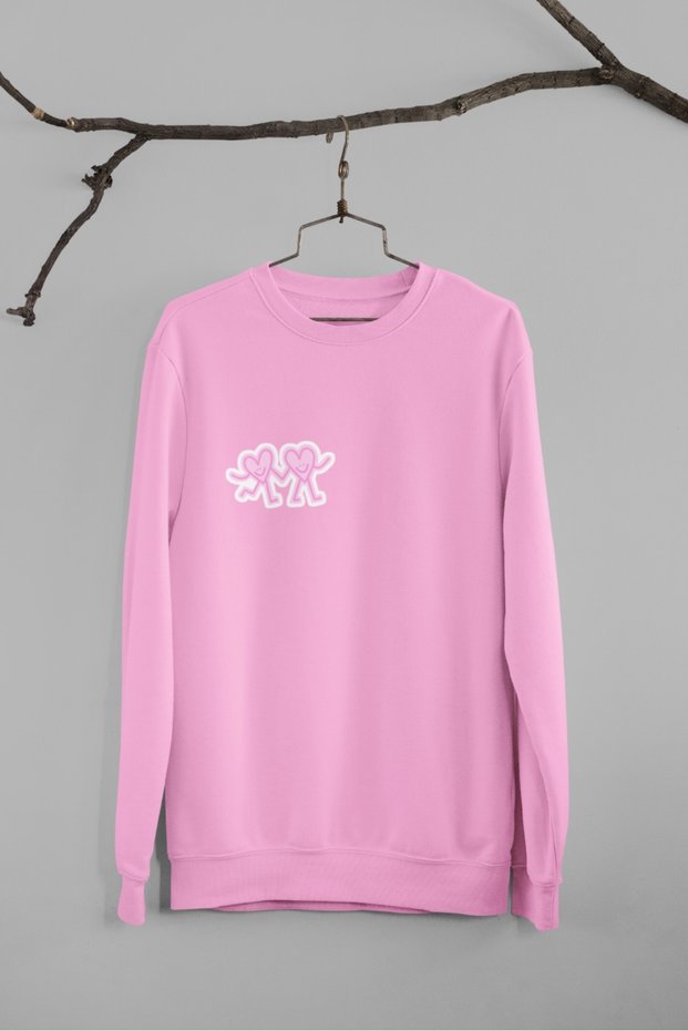 Women'S/Girl's Long Sleeve 2 Thread Hand in Hand Hearts Transfer Printed Crew Neck Sweatshirt