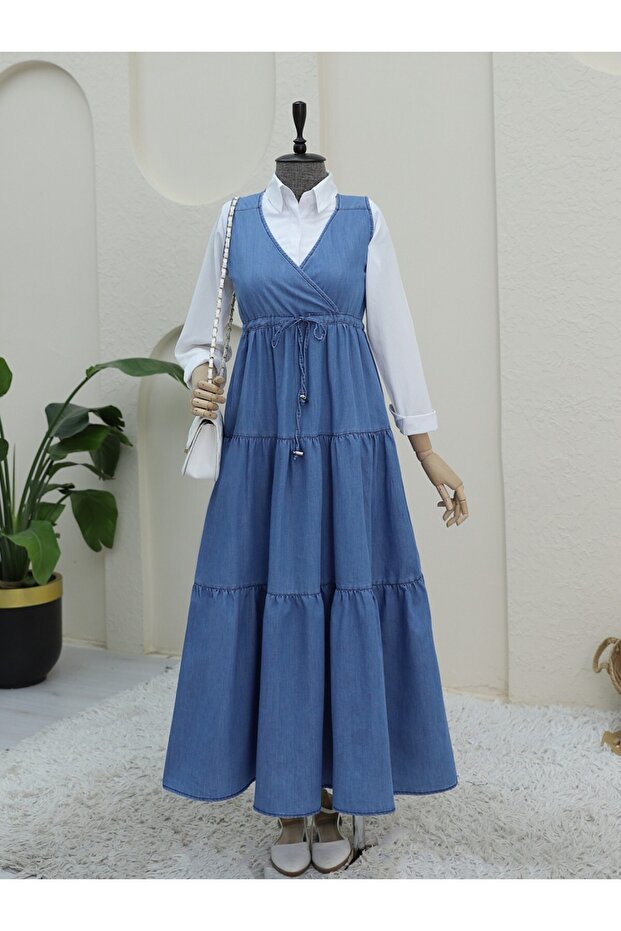 Blue V-Neck Tunnel Lace-Up Denim Gilet
