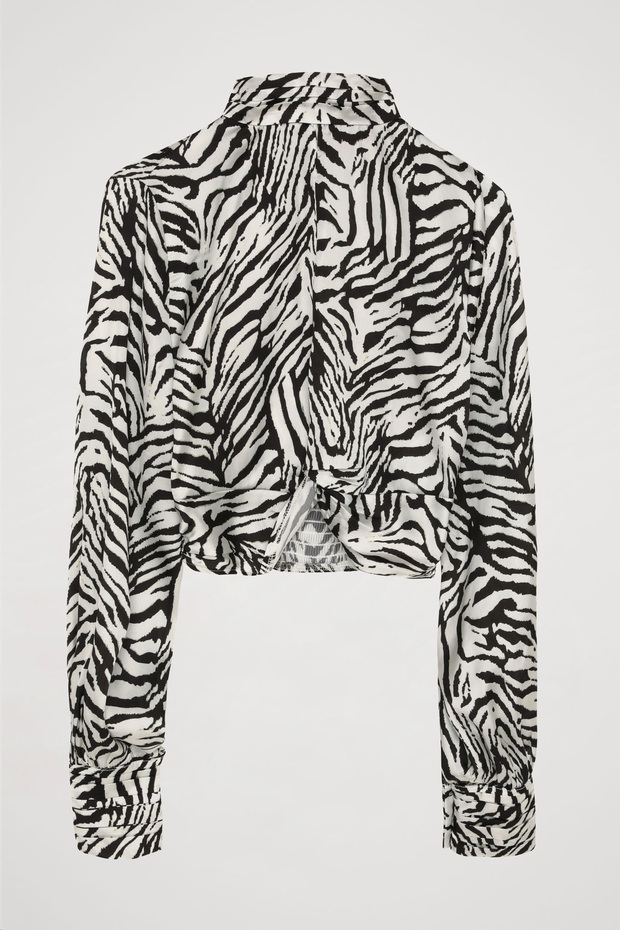 Stand Collar Zebra Pattern Blouse Black - 2