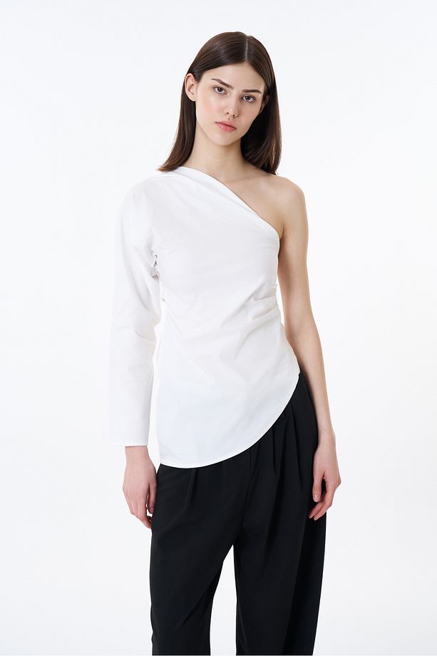 Drape Detaylı Tek Omuz Bluz Ekru - 1