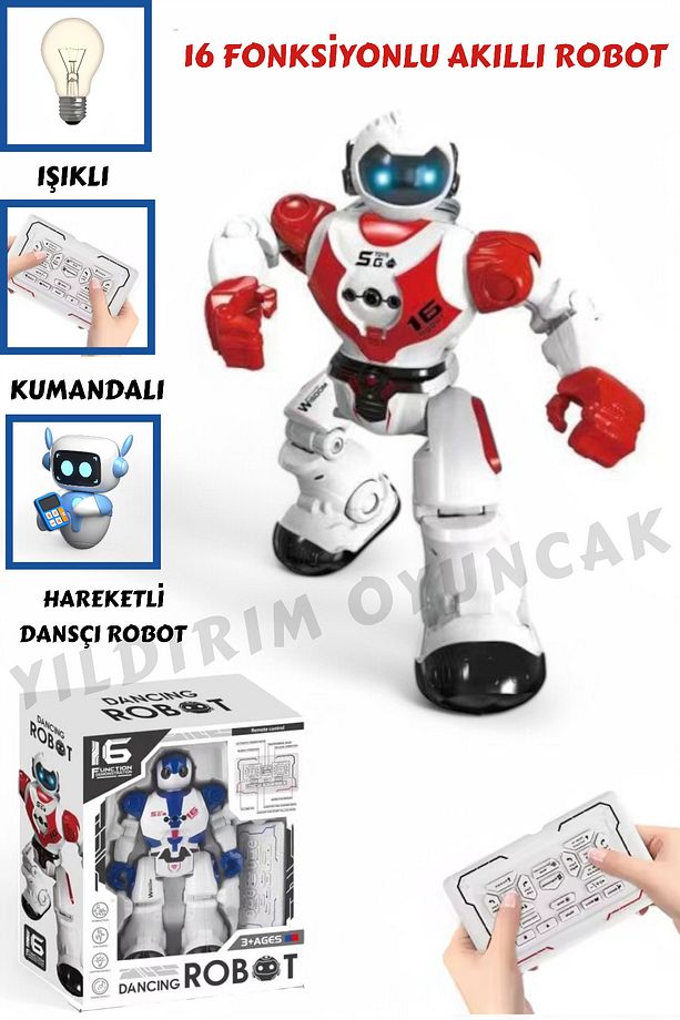 16 Fonksiyonlu Şarjlı Uzaktan Kumandalı Akıllı Robot Sesli Işıklı Programlama Dans Moonwalk Robot - 2