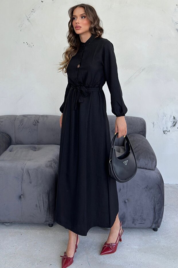 Kadın Siyah Bisiklet Yaka Düğmeli Bel Bağlamalı Modest Elbise - 4