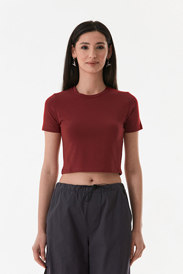 Basic Bisiklet Yaka Crop Tişört - 8