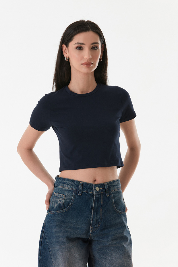 Basic Bisiklet Yaka Crop Tişört - 3