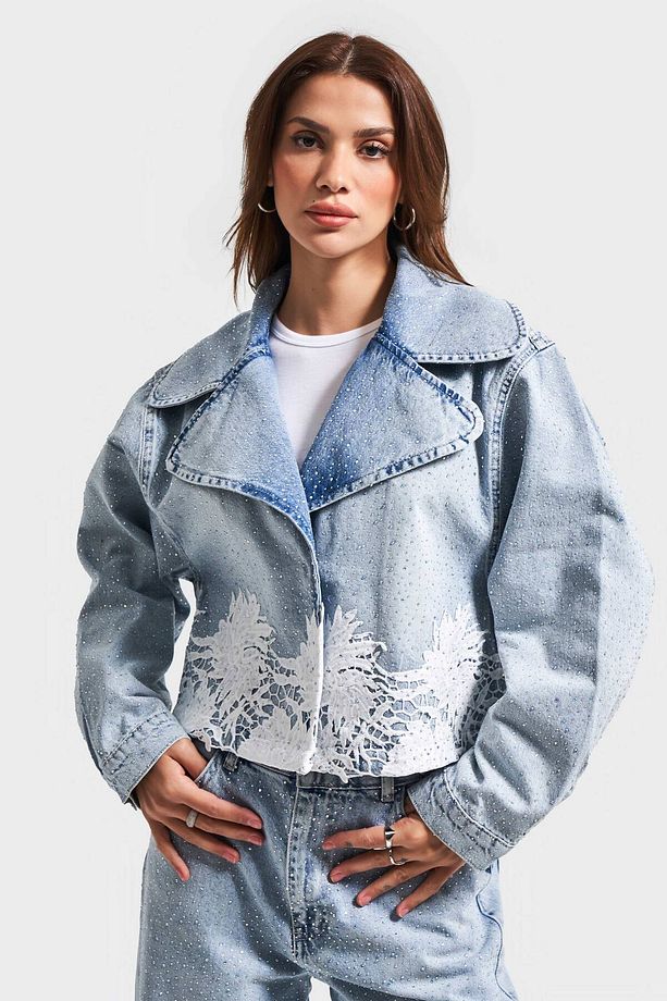 Kadın Kot Rengi 4S5-3 Dantelli Kruvaze %100 Koton Tasarım Denim Ceket - 1