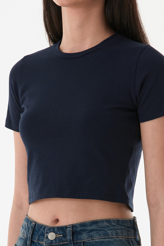 Basic Bisiklet Yaka Crop Tişört - 7