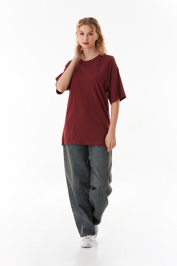 Basic Oversize Bisiklet Yaka Tişört - 1