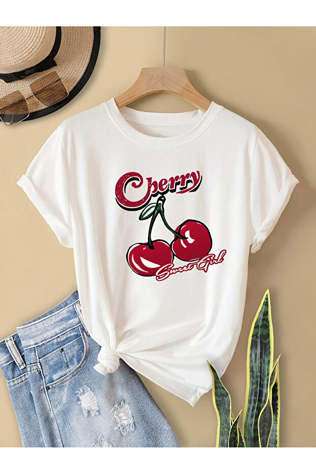 Cherry Printed Crew Neck T-Shirt for Women