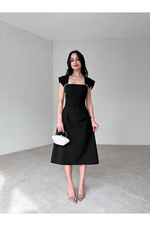 Sıralı İncili Midi Elbise - 2