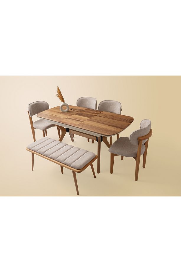 Çınar Açılır Ahşap Ayak 130X80 Masa 6 Kişilik Bukle Kumaş Ahşap Nergis Sandalye Bench Masa Takımı - 3