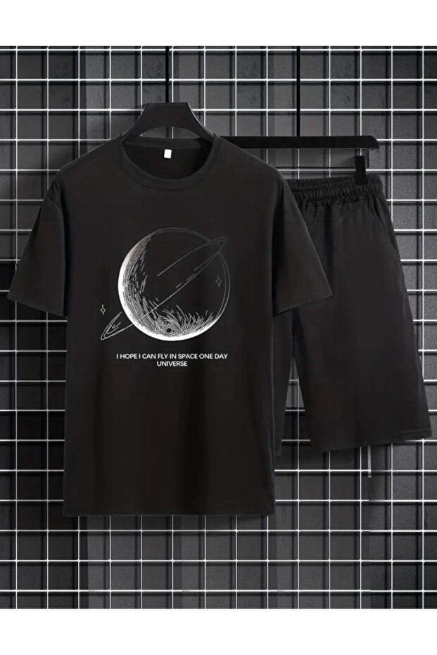 Ring Saturn Printed T-Shirt Short Wide Leg Comfortable Fit Black Bottom Black Top Short Set